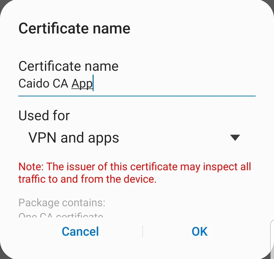 Mobile app Caido certificate options.