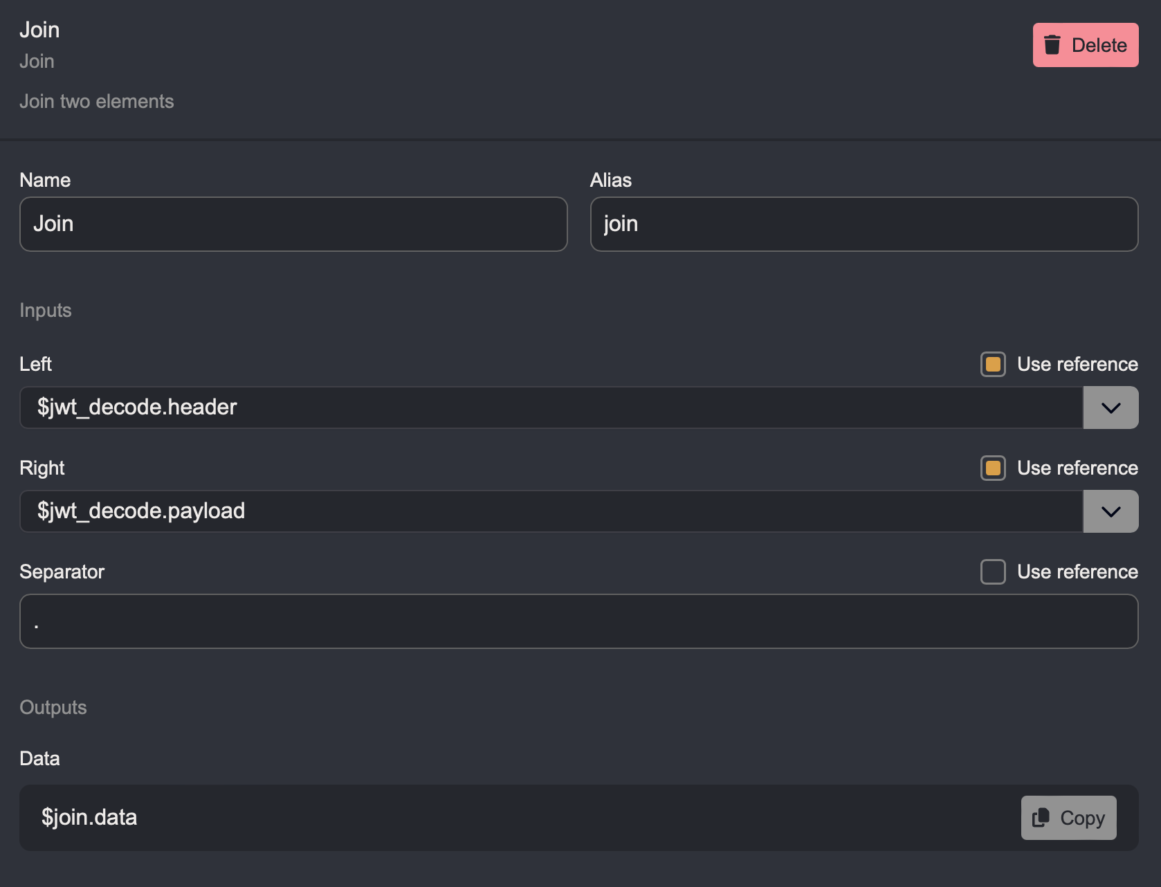 Settings for the join Node